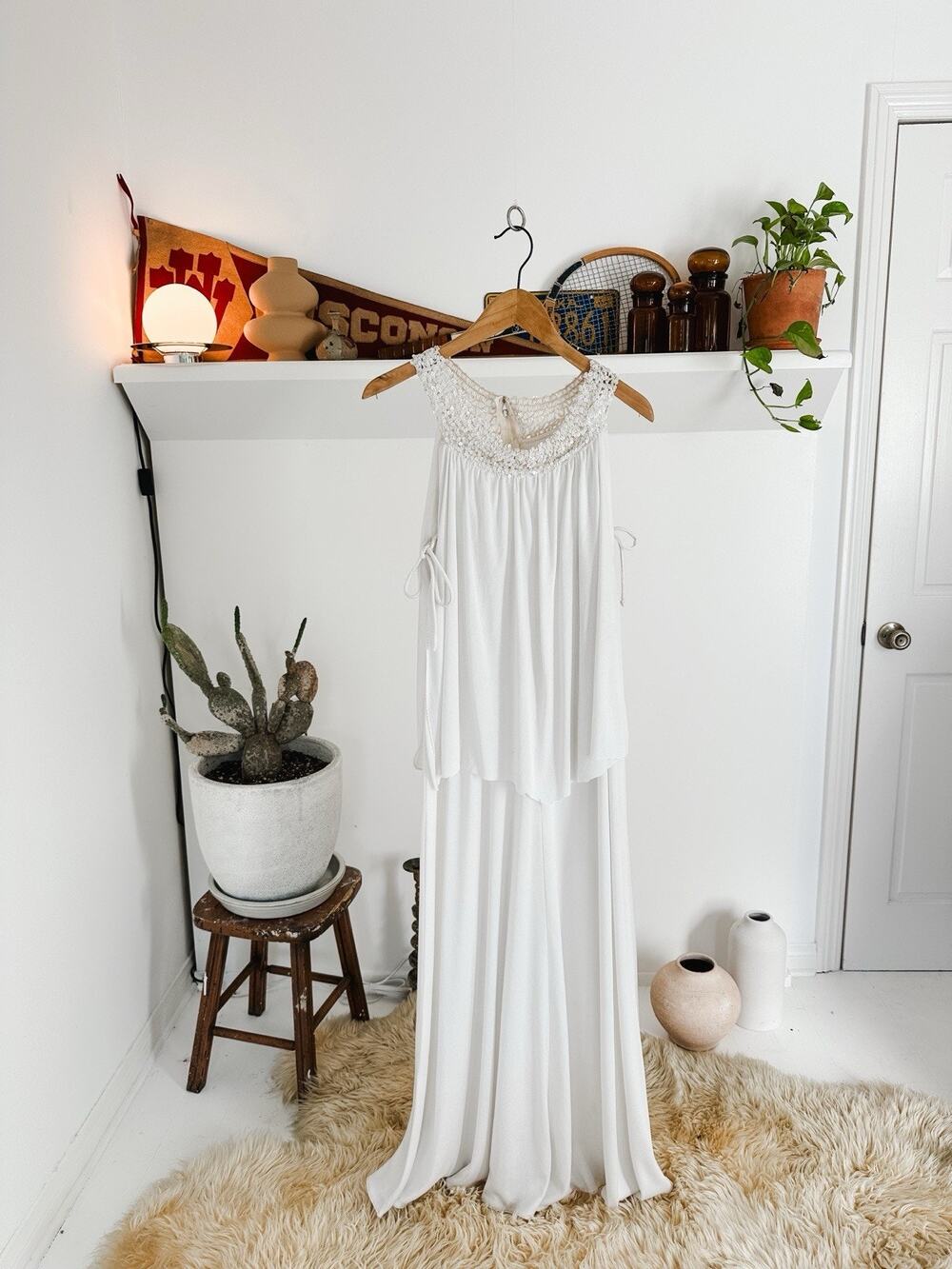 Vintage IGLWU 80s Beaded White Dress With Ties on the Sides Size Medium